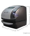 Bulletproof Electronic Time And Date Stamp Machine With No Fuss Numbering For Small Business Crews shown from the side with dimensions and display.