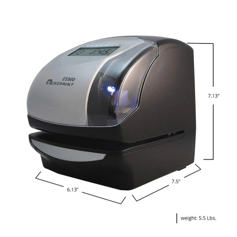 Bulletproof Electronic Time And Date Stamp Machine With No Fuss Numbering For Small Business Crews shown from the side with dimensions and display.