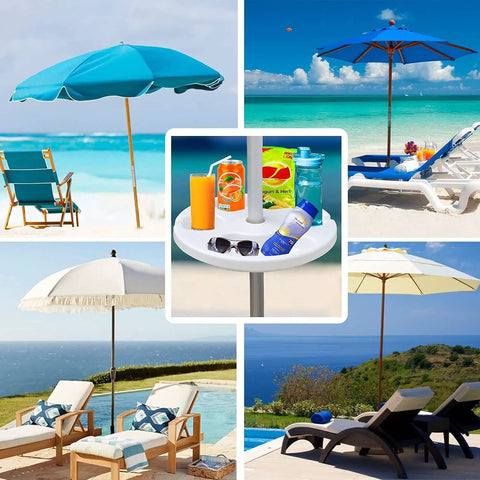 13 Inch Beach Umbrella Table Tray With Cup Holders And Snack Compartments For Beach Patio Or Poolside Use White Finish