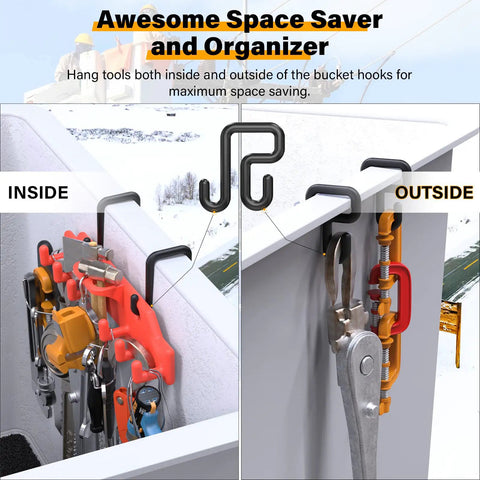 Bucket Truck Hook Organizer And Lineman Tool Board With Six Extended Hooks And Two Rounded Loops, tools hanging inside and outside