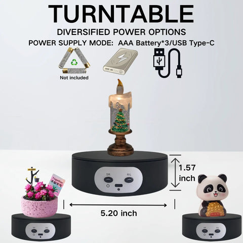 This sleek motorized rotating display stand is the ultimate sidekick for your photoshoots and shop window needs. It spins a smooth 360 degrees on its electric turntable, effortlessly handling tumblers, jewelry, and watches with up to eleven pounds of. Features decorative items on a black turntable, measuring 5.20 inches wide.
