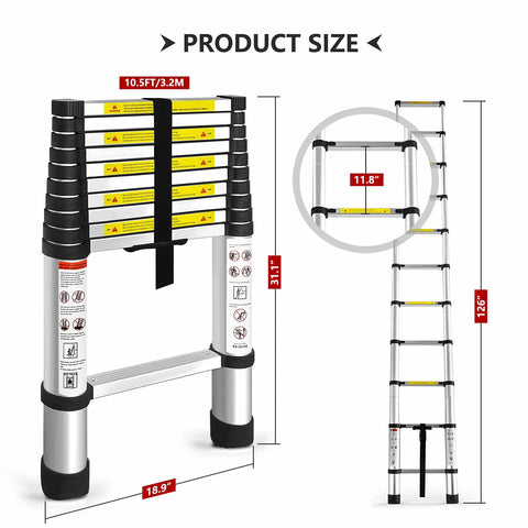 Image showing dimensions of 14.5 Ft Telescoping Aluminum Ladder With One Button Retractable Lock, Extendable Folding Ladder.