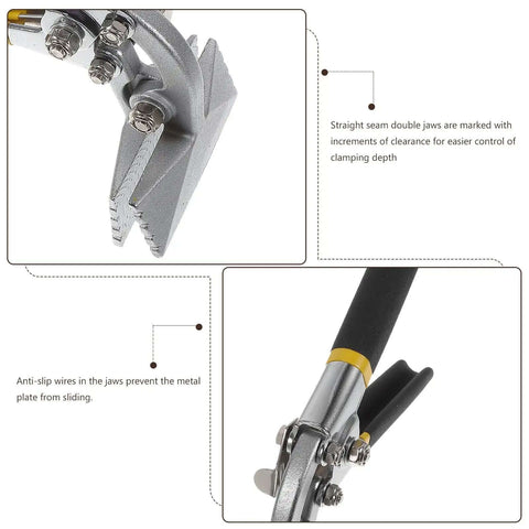 Manual Sheet Metal Bender And Hand Seamer Tool with 3 Inch Straight Jaw, shown with clamp details for precise metal bending.