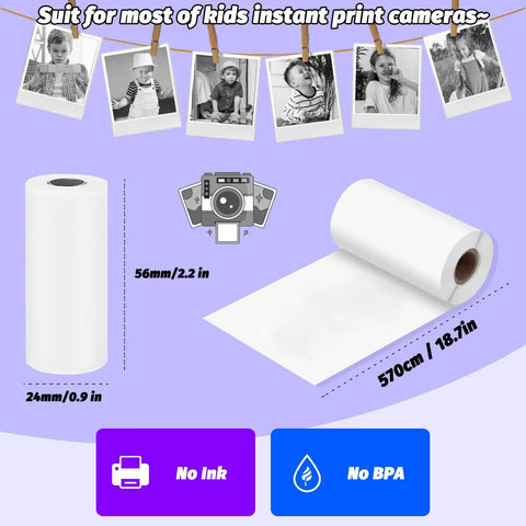 12 Roll Thermal Printing Paper Refills For Instant Print Cameras, 56 Mm Wide BPA Free Photo Paper, Each Roll Prints About 60 Pictures, Compatible With Most Kid Instant Cameras, Easy Replacement For Fun Family Photo Moments. 56mm thermal paper roll, no ink, no BPA