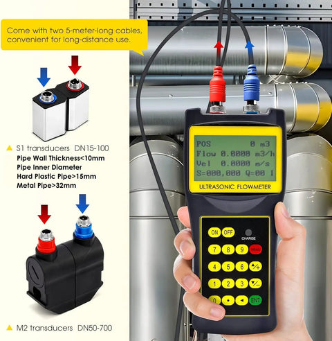 Handheld Ultrasonic Flowmeter Clamp On Portable Liquid Flow Meter With S1 M2 Transducers For Copper And PVC Pipe DN15 To DN700mm