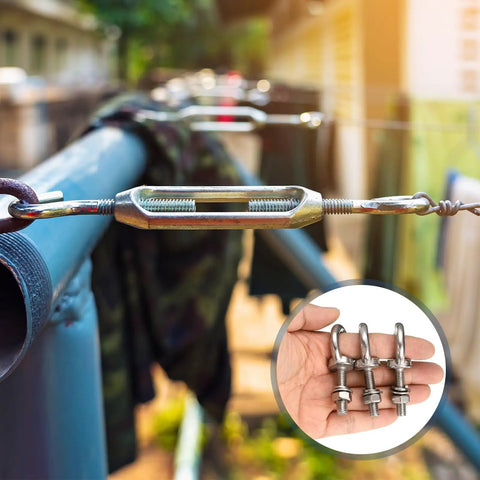 Close-up of Heavy Duty M8 X 60mm Eye Bolts Set In 304 Stainless Steel With Lock Nuts held in hand, outdoor background