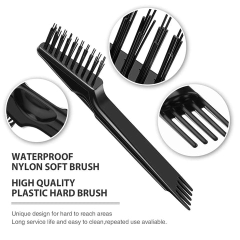 Two In One Hair Brush Cleaning Tool With Dual Sided Brush And Metal Rake for Deep Cleaning, showing bristles and details in black