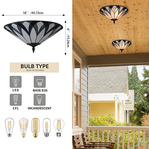 Vintage Stained Glass Ceiling Light 18-Inch Flush Mount Fixture With Bowl Shade in living room setting, installed view.