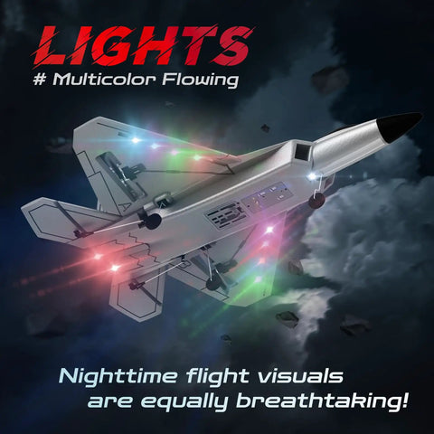 Beginner Friendly Remote Control Airplane With Lights 4 Channel Fighter RC Plane 2.4GHz in flight, multicolor lights glowing.