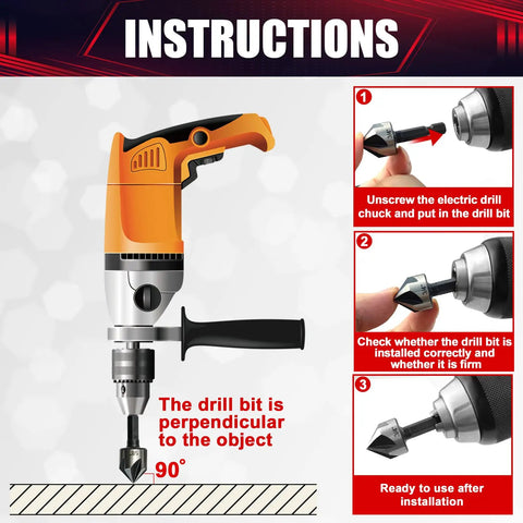 Instructions for using 5 piece countersink drill bit set with 82 degree counter sink on electric drill for metal and wood
