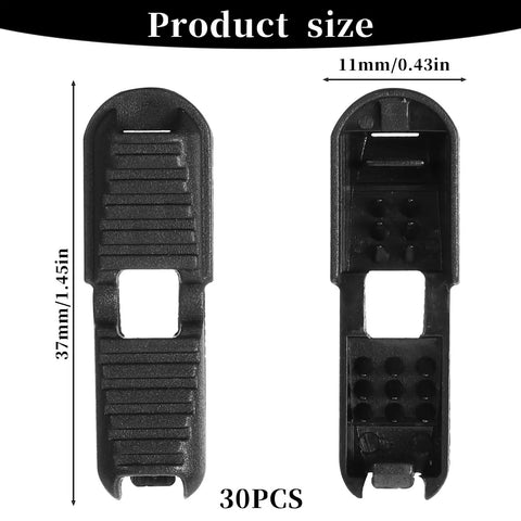 30 Piece Shoelace End Tips Cord Lock Clips Set With Zipper Pull Tabs For Paracord Backpacks And Running Shoes No Fuss No Tie Quick Clips For Triathlon Marathon Gear Durable Plastic End Caps And Replacement Tips For All Your Lacing Needs, black plastic, 37mm x 11mm, 30 pcs