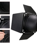 Close-up of Heavy Hitter Seven Inch Barn Door Lighting Kit With Adjustable Honeycomb Grid and Four Pumped Up Color Gel Filters on studio flash head.