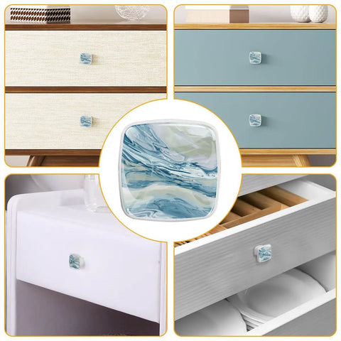 4 Pack Sharp Square Cabinet Knobs 1 2 Inch Blue Green Marble Swirl ABS Cabochon Glass Drawer Pulls For Kitchen Island Dresser Bedroom Furniture Hardware Fresh Dope Look on various drawers.
