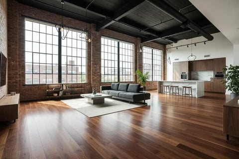 Spacious industrial living room showcasing Warm Rustic Walnut Oil Based Interior Wood Stain on wide hardwood flooring.