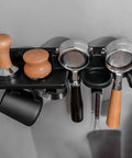 Heavy Duty Espresso Tamper Holder Wall Mount Portafilter Rack With Drip Tray organized tools with wooden tampers and portafilters.