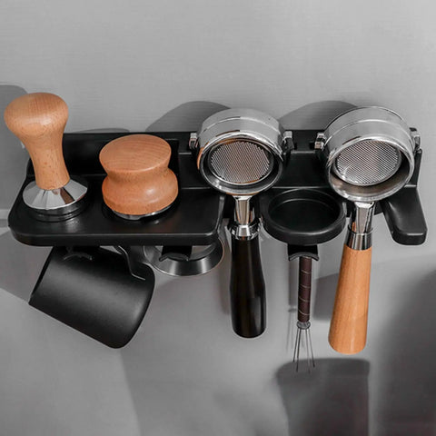 Heavy Duty Espresso Tamper Holder Wall Mount Portafilter Rack With Drip Tray organized tools with wooden tampers and portafilters.