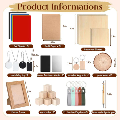 Laser engraving material kit: PVC sheets x5, kraft paper x20, metal dog tags x8, PU leather keychains x5