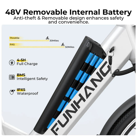 48V removable battery of Powerful 1000W Peak Electric Bike For Adults, Cruise At 20 MPH, 50 Mile Range, with key lock