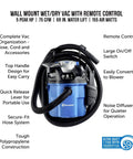 5 Gallon Wall Mount Wet Dry Vacuum With Remote Control 5 Peak HP Ultra Quiet 2 Stage Motor For Easy Shop And Garage Cleanup For Home Blue