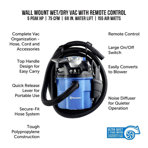 5 Gallon Wall Mount Wet Dry Vacuum With Remote Control 5 Peak HP Ultra Quiet 2 Stage Motor For Easy Shop And Garage Cleanup For Home Blue