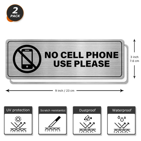 No Cell Phone Use Please Sign Set 9 By 3 Inch Adhesive Aluminum Workplace Safety Signage Waterproof Wall Sign For Business Classroom Outdoor Indoor Two Pack displayed with dimensions and features.