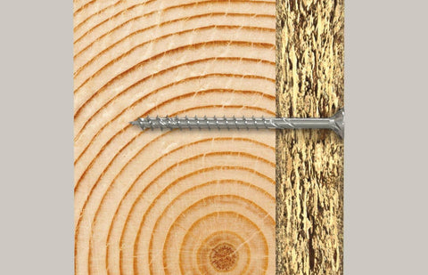 Installed Power-Fast II 3.5 X 30 Mm wood screw through wood, zinc plated, in joint; sharp tip prevents slippage and splintering