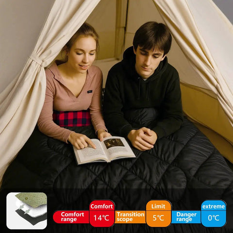 Couple in tent with Cozy Double Sleeping Bag For Adults With 2 Pillows, Flannel Cotton 2 Person XXL Queen Size, Cold Weather Outdoor Camping Gear