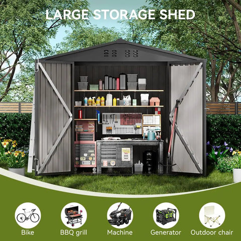 Heavy Duty Metal Outdoor Storage Shed With Lockable Doors And Sloped Roof Air Vent Built Tough For Backyard Patio Lawn Poolside 6x4 Grey Weather Resistant And Secure, front view with open doors, storing tools and supplies.