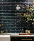 Modern Farmhouse Black And Gold Bathroom Wall Sconces Set Of Two Globe Sconce Lighting with dark tile and greenery in the bathroom