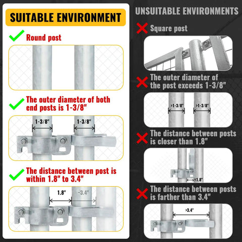 Diagram showing suitable environments for Chain Link Gate Latch 1-3/8 Inch For Fence Posts Spaced 1.8 To 3.4 Inches, illustrated with round posts.