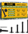 Black Self Tapping Screws Assortment Kit 190 Pieces Stainless Steel 410 Self Drilling Screws For Metal Wood Plastic With Truss Head Eight By One Half Inch Eight By Three Quarters Inch Eight By One Inch package and screws close-up
