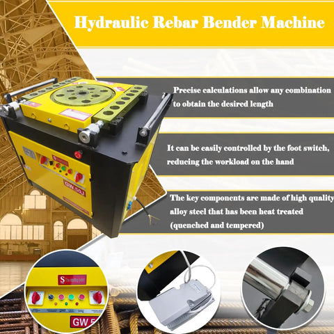 Hydraulic Rebar Bender Machine with foot switch, featuring precision controls for steel rods and metal bars bending.