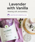 Sixty Three In One Laundry Detergent Pods Built To Crush Stains And Boost Fabric Brightness In Ready Snap Packs Loaded With Bold Lavender Vanilla Essence on a lavender background.