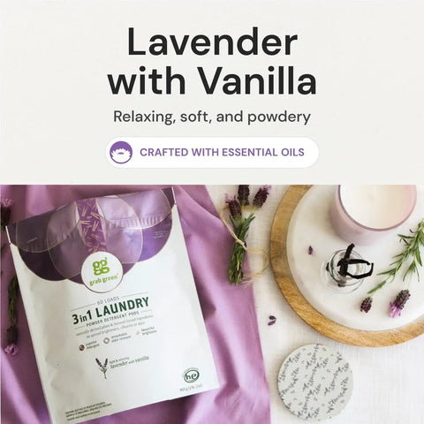 Sixty Three In One Laundry Detergent Pods Built To Crush Stains And Boost Fabric Brightness In Ready Snap Packs Loaded With Bold Lavender Vanilla Essence on a lavender background.