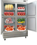 Interior view of 54 Inch 41 Point 3 Cu Ft Commercial Freezer Heavy Duty Four Half Door Stainless Steel Reach In Unit With Six Adjustable Shelves.
