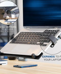 Built Tough Adjustable Laptop Desk Mount For 10 To 15.6 Inch Notebooks shows VESA pattern 75x75mm, 100x100mm, fits various laptop sizes.
