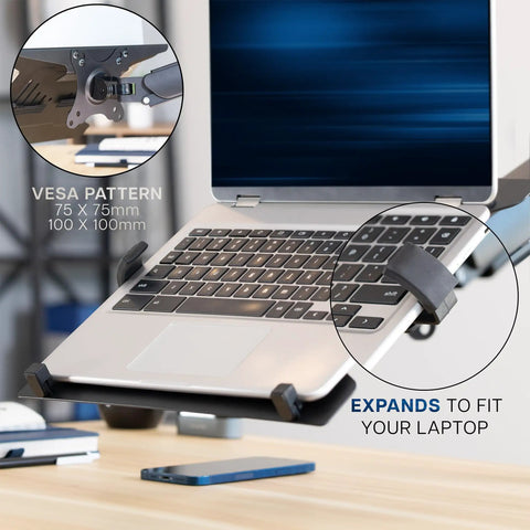 Built Tough Adjustable Laptop Desk Mount For 10 To 15.6 Inch Notebooks shows VESA pattern 75x75mm, 100x100mm, fits various laptop sizes.