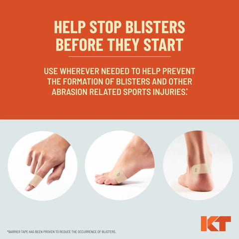 Hands applying Blister Prevention Tape For Active Lifestyles With 30 Precut Strips, Strong Adhesive, Dermatologist Tested on foot and toe.