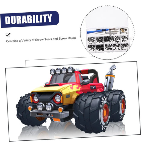 Image of RC Car Screws And Fasteners Kit Pro Grade Repair Tool Set with screws, nuts, bolts, case, and RC car model.