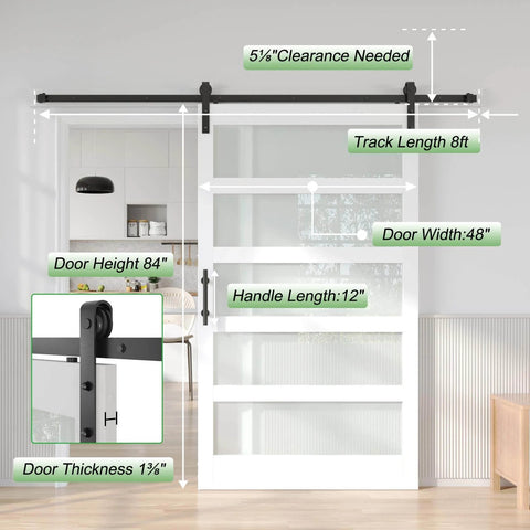 White Frosted Glass Barn Door 48 By 84 Inches With 96 Inch Sliding Hardware Kit Included And Handle PVC Surface Waterproof Simple To Clean Solid Wood Core With Durable MDF Needs Assembly Modern Farmhouse Style installed in a modern kitchen.