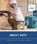 Heavy Duty Air Scrubber With Three Stage Filtration And Hepa Clean Shield Tech Packs Some Serious Heat Against Smoke Pet Odor And Dust While Keeping Your Indoors Breathing Easy With A Smooth No Sweat Fresh Air Setup In Blue, shown in a construction setting with a worker.