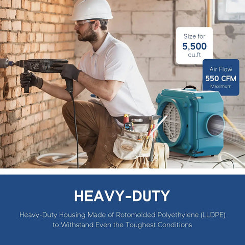 Heavy Duty Air Scrubber With Three Stage Filtration And Hepa Clean Shield Tech Packs Some Serious Heat Against Smoke Pet Odor And Dust While Keeping Your Indoors Breathing Easy With A Smooth No Sweat Fresh Air Setup In Blue, shown in a construction setting with a worker.