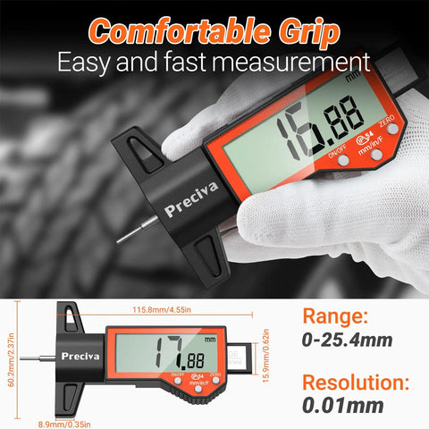 Digital Tire Tread Depth Gauge With Large LCD Display Inches Millimeters And Fraction Conversion, Easy Zeroing, Accurate Tread Depth Tool