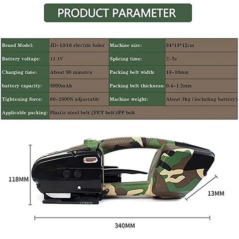 No Fuss Battery Powered Strapping Machine For Fast Cargo Securing With Hot Melt Welding And Adjustable Tension Up To 2800N side view with dimensions.