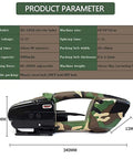 Beast Mode Electric Strapping Machine Hot Seal Box Baler showing product parameters with dimensions and specifications on a camo design.