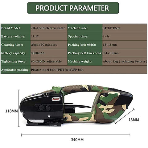 Beast Mode Electric Strapping Machine Hot Seal Box Baler showing product parameters with dimensions and specifications on a camo design.