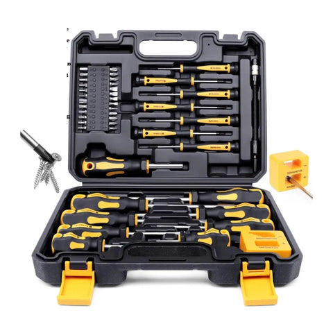 Top Notch 43 Pcs Magnetic Screwdriver Kit Slotted Phillips Hex And Torx Bits Perfect For Delicate Electronic Fixes Serious DIY Work And Pro Jobs To Get It Done Flawless Total Game Changer For Any Toolbox. open case with black and yellow handles