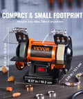 Bench Top Buffer Polisher And Grinder For Metal Jewelry Wood Jade Plastic And Silver DIY Projects With 3590 RPM Pro Grade Three Polishing Wheels Wool Wheel And Abrasive Fiber Wheel Brushless Motor For Low Noise And Maintenance Free Performance shown on workbench with orange casing and dimensions.