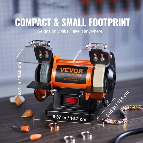 Bench Top Buffer Polisher And Grinder For Metal Jewelry Wood Jade Plastic And Silver DIY Projects With 3590 RPM Pro Grade Three Polishing Wheels Wool Wheel And Abrasive Fiber Wheel Brushless Motor For Low Noise And Maintenance Free Performance shown on workbench with orange casing and dimensions.