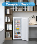 Compact Upright Freezer With 6 Cubic Feet Capacity And Seven Temperature Settings in a modern office setting.